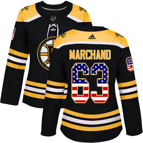 Adidas Bruins #63 Brad Marchand Black Home Authentic USA Flag Women's Stitched NHL Jersey